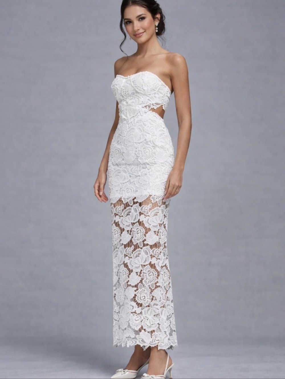 Amable By MABLE Strapless Bustier White Lace Cutout Maxi Dress NWT